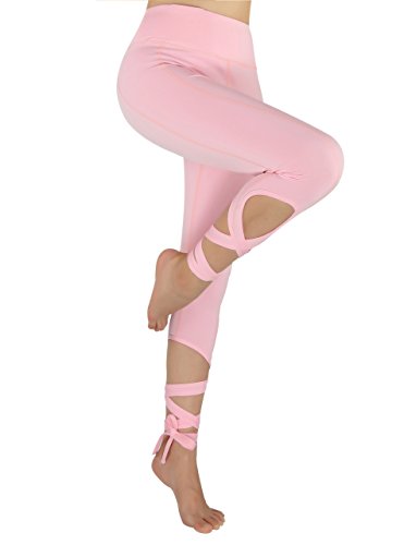 Women Self-tie Turnout Leggings Yoga Sport Soft Pants Pink Small