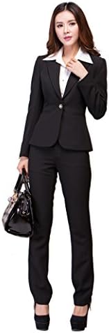 TLL Womens Slim Jacket Long-Sleeve One-button Business Suit OL Blazer and Pants Set (S, Black)