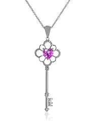Sterling Silver Heart Created Pink Sapphire and Genuine White Diamonds Key Pendant Necklace, 18"