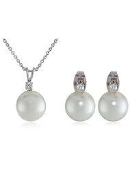 Sterling Silver Simulated Pearl with Cubic Zirconia Top Earrings and Pendant Necklace, 18", Set