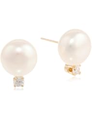 14k Yellow Gold 10-10.5mm Freshwater Cultured Yellow Button Pearl Earrings Accented with 3mm Gemstone