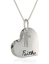 Sterling Silver Heart with "Faith a Journey of Faith is a Journey of Love" and Cross Charm Pendant Necklace, 18"