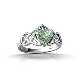 14K White Gold Genuine Heart Green Amethyst Celtic Claddagh Ring