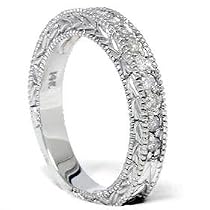 .25CT 14k White Gold Round Diamond Hand Engraved Milgrain Wedding Ring Vintage Antique Like Anniversary Band color (G/H) clarity (I2) size 7 resizable