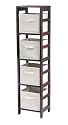 5 PIECE SET: Espresso Finish Storage Shelf w/ 4 Beige Fabric Baskets