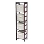 5 PIECE SET: Espresso Finish Storage Shelf w/ 4 Beige Fabric Baskets