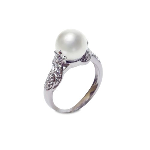 Sterling Silver 9mm White Shell Pearl and Cubic Zirconia Ring, Size 7