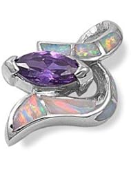 Sterling Silver White Lab Opal Amethyst CZ Pendant Cute Charm Pure 925 New 23mm with 1.8mm Curb Chain
