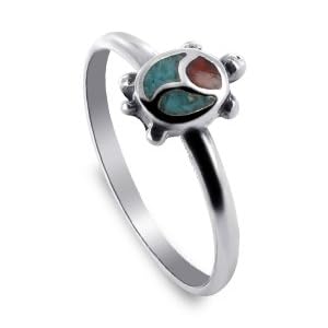Turquoise Coral Turtle Band Sterling Silver Ring