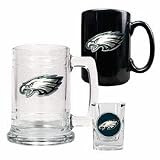 Philadelphia Eagles NFL Glass Tankard Beer Mug / Ceramic Coffee Mug / Square Shot Glass 3-Piece Set