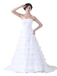 A-line Strapless Lace-Up  Beaded Tiered Ruched Spring Fall Organza Wedding Dress  with a Court Train  With Ruffles