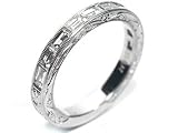 Baguette Shape Diamond Channel Set Half Circle Platinum Wedding Band or Stacking Ring with Hand Engraving, Ring Size 6.5 (T.w 1.00)