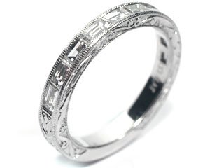 Baguette Shape Diamond Channel Set Half Circle Platinum Wedding Band or Stacking Ring with Hand Engraving, Ring Size 6.5 (T.w 1.00)