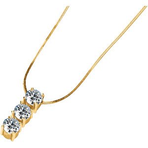 14K Yellow Gold Created Moissanite 3 Stone Pendant Slide On 18 Inch Square Snake Chain