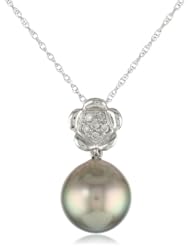 10k White Gold 9-9.5mm Tahitian Cultured Pearl and Diamond Pendant Necklace (0.04 cttw, G-H Color, I2-I3 Clarity), 17"