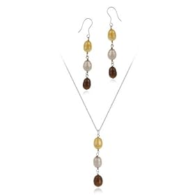 Sterling Silver Baroque Freshwater Cultured Gold, White, Brown Pearl Drop Earrings & Pendant Set