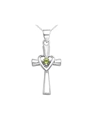 Peridot Heart Cross Pendant Necklace in Sterling Silver with Chain