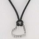 Heart Shaped Live, Love, Laugh Affirmation Band Pendant iin Sterling Silver on Black Satin Cord, #9868