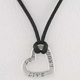 Heart Shaped Sterling Silver Live, Love, Laugh Affirmation Band on Black Satin Cord, #9868