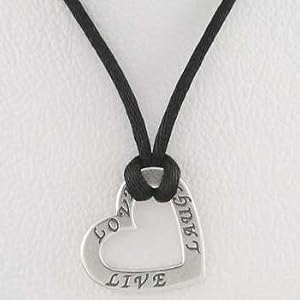 Double Sided Heart Shaped LIVE, LOVE, LAUGH Affirmation Band Pendant in Sterling Silver on Black Satin Cord, 15" - 17" in Length, #9868