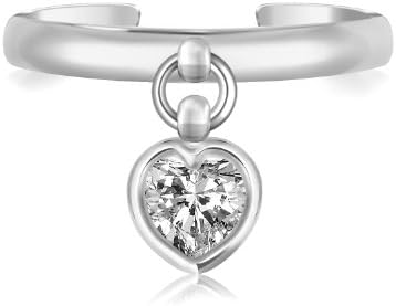 Sterling Silver Rhodium Finished Heart Cubic Zirconia Charm Toe Ring