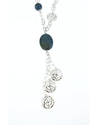 Italian Sterling Silver Center Drop Necklace with Blue Lapis Gemstones and Silver Filigree Discs; 4 1/2 Inch Center Drop