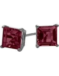 Genuine 4mm Square Princess Rhodolite 14 Karat White Gold Stud Earrings for Girls