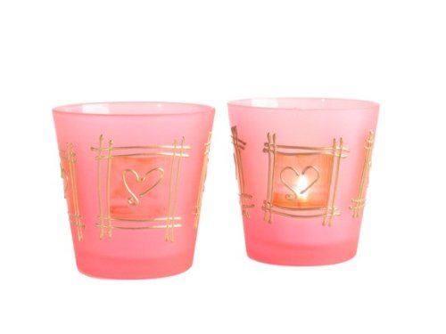 Pink Votive Holder Set Handpainted Hearts