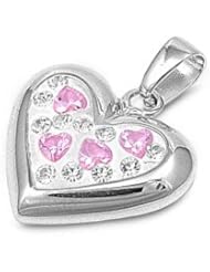 Sterling Silver Pink Ice Clear CZ Heart Pendant Classic Charm Pure 925 New 17mm with 1.4mm Box Chain