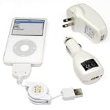 Universal Apple iPod USB Charger Kit - USB Retractable Hotsync Cable - USB Home Travel Charger - USB 12V Cigarette Lighter Charger