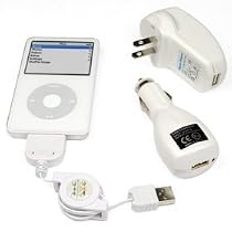 Universal Apple iPod USB Charger Kit - USB Retractable Hotsync Cable - USB Home Travel Charger - USB 12V Cigarette Lighter Charger