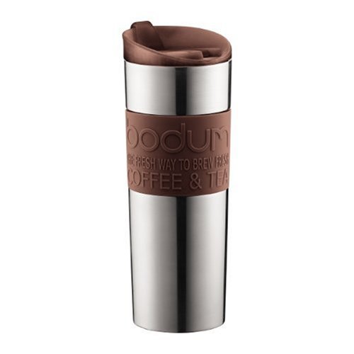 Bodum Stainless Steel 16-Ounce Vacuum Travel Mug with Brown Silicone Grip