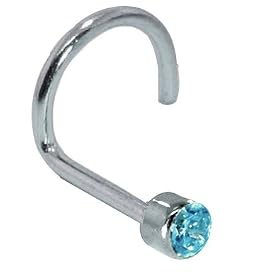18 Gauge 3/8" - Bezel Set 14kt White Gold Nose Ring Twist Screw - 2mm Blue Diamond