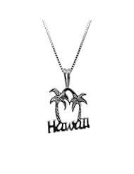 Sterling Silver Hawaii and Palm Tree Necklace Pendant with Box Chain