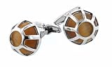 Silver plated cage effect cufflinks with a golden brown coloured cats eye accent