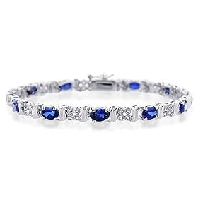 Sterling Silver White Cubic Zirconia-Blue Sapphire Bracelet - 7 in by