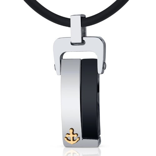 Sophisticated Mariner: Unisex Stainless Steel and Black Ceramic Anchor Tag Pendant Necklace
