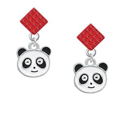 Enamel Panda Face - 2 Sided Red Crystal Diamond Shaped Lulu Post Earrings
