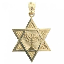 Star of David with Menora Yellow Gold Pendant - Jewish Religion Jewelry