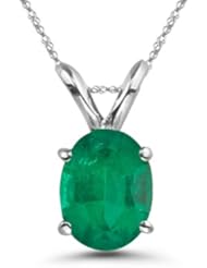 0.35 Cts of 6x4 mm AA Oval Natural Emerald Solitaire Pendant in 18K White Gold