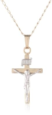 Cheap Girls Jewelry Childrens 14k Gold Filled Two Tone Crucifix Cross Pendant Necklace, 15" For Sale