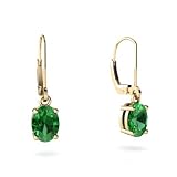 14K Yellow Gold Oval Created Emerald Lever Back Earrings