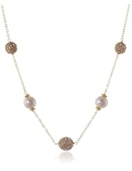 Pink Freshwater Cultured Pearls and Pink Cubic-Zirconia Pave on Gold over Silver Chain Necklace, 16"+2" Extender