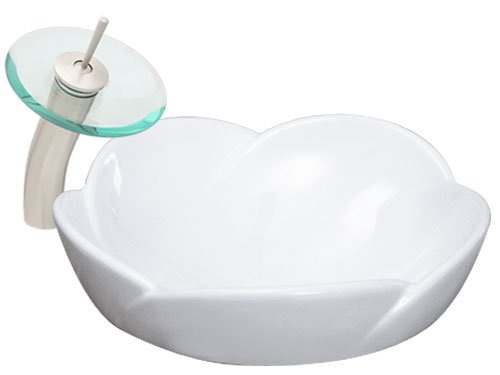 Ticor Lotus Vessel Porcelain Single Bowl Bathroom Sink and Brushed Nickel Waterfall Faucet