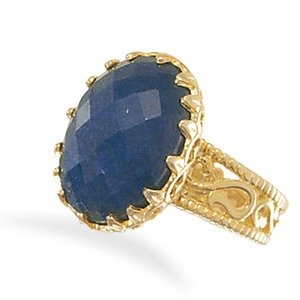 Oval Genuine Blue Sapphire Ring 14K Yellow Gold Plate on Sterling Silver Filigree Rough-Cut Stone
