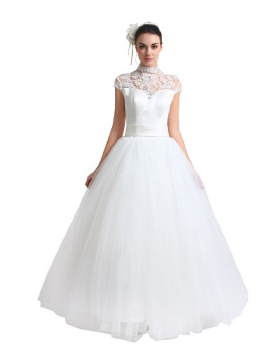 Artwedding Satin and Tulle Wedding Ball Gown with High Neck Lace Bodice, Ivory
