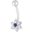 14K White Gold .26 ct tw Genuine Blue Sapphire Diamond Flower Belly Ring