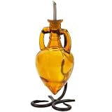 Retro Olive Oil & Vinegar Colored Glass Bottle, Liquid Dispenser 1pc ~ One Amber Decorative Amphora Style Bottle with Stainless Spout & Black Metal Swirl Stand