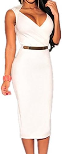 Sidefeel Women's Classic Brief Sleeveless Belted Midi Dress For Party One Size White
