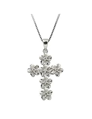 Sterling Silver Plumeria Cross Necklace Pendant with Box Chain